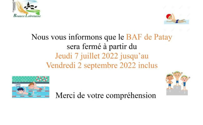 Fermeture du Bassin d’Apprentissage Fixe de Patay du 7 juillet au 2 septembre 2022